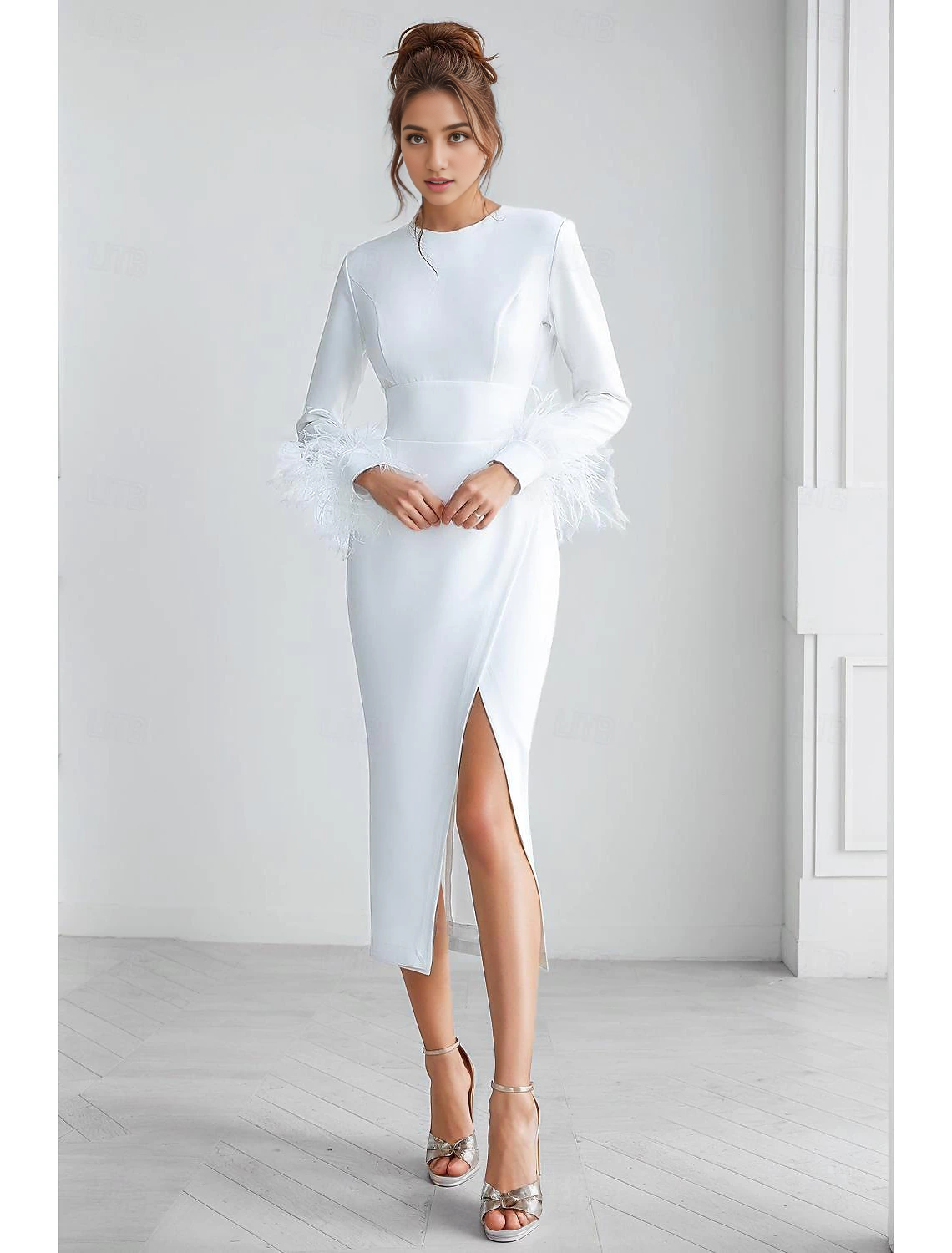 Fall November December Wedding Guest Dress Sheath / Column Elegant Dress Formal Wedding Tea Length Long Sleeve Jewel Neck Stretch Crepe Feather Autumn Winter Wedding Party Dress