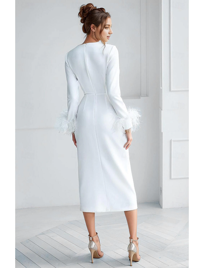 Fall November December Wedding Guest Dress Sheath / Column Elegant Dress Formal Wedding Tea Length Long Sleeve Jewel Neck Stretch Crepe Feather Autumn Winter Wedding Party Dress