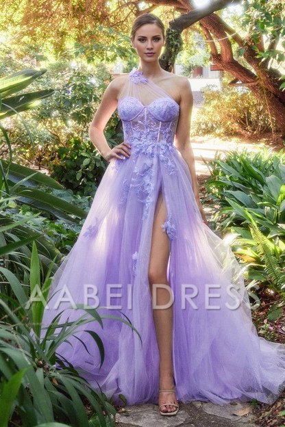 AABEI DRESS Hot Sale Prom Dress Exquisite One Shoulder Sleeveless Applique Side Fork Fantastic Long Evening Dress
