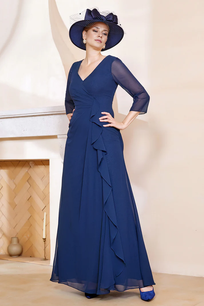 Fall November December Wedding Guest Dress V-Neck Ruffles Chiffon Long Dress Mother of the Groom / Bride Dresses