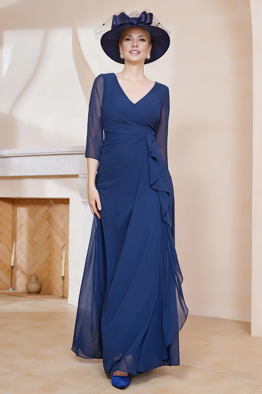 Fall November December Wedding Guest Dress V-Neck Ruffles Chiffon Long Dress Mother of the Groom / Bride Dresses