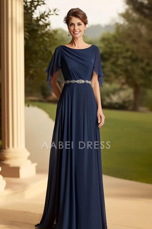 AABEI DRESS Mother Of The Bride Dress Round Neck Exquisite Beadwork Ruched Long Formal Wear Dresse