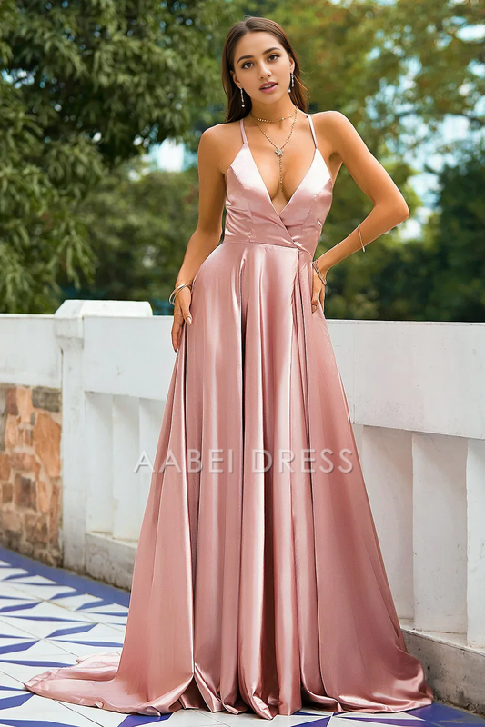 AABEI DRESS Hot Sale Prom Dress Charming Deep V Neck Spaghetti Straps Backless Lace up Fashion Formal Dress