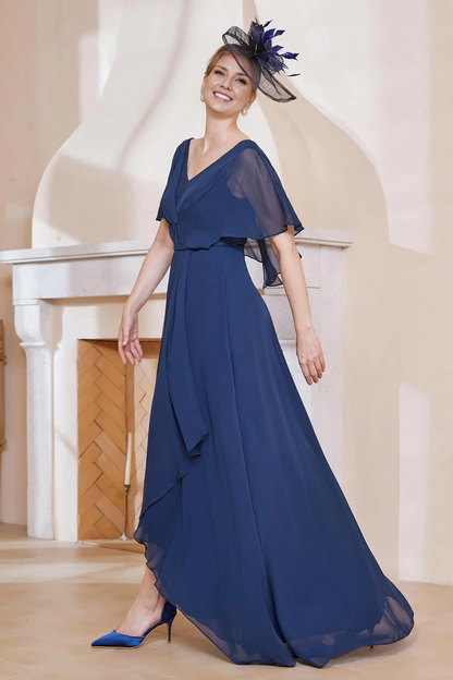 Fall November December Wedding Guest Dress V-neck Flutter Sleeves Chiffon Long Dress Mother of the Groom / Bride Dresses