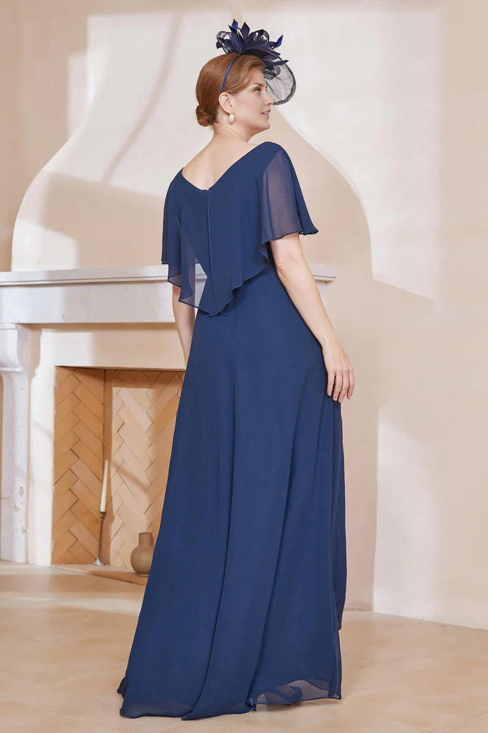 Fall November December Wedding Guest Dress V-neck Flutter Sleeves Chiffon Long Dress Mother of the Groom / Bride Dresses