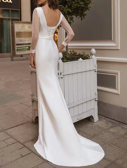 Royal Style Simple Wedding Dresses Mermaid / Trumpet Scoop Neck Long Sleeve Sweep / Brush Train Satin With Solid Color Summer Wedding Party Bridal Gowns