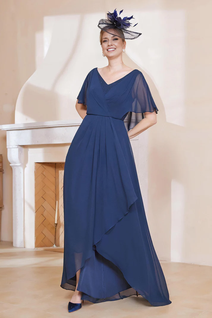 Fall November December Wedding Guest Dress V-neck Flutter Sleeves Chiffon Long Dress Mother of the Groom / Bride Dresses