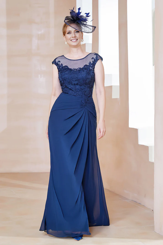 Fall November December Wedding Guest Dress Lace Illusion Neck Chiffon Dress With Slit Mother of the Groom / Bride Dresses