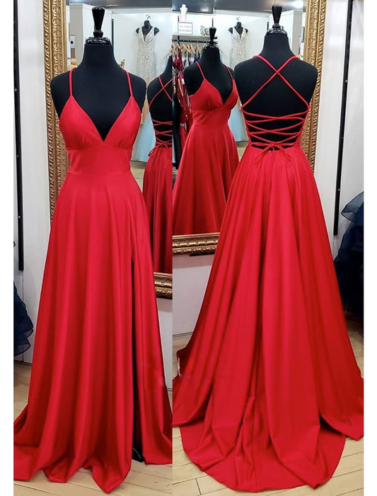 A-Line Prom Dresses Empire Dress Formal Court Train Sleeveless V Neck Charmeuse Backless with Pleats Slit