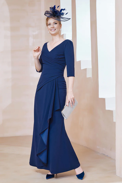 Fall November December Wedding Guest Dress Formal  V-Neck Half Sleeve Pleated Ruffles Long Dress Elegant Mother of the Groom / Bride Dresses