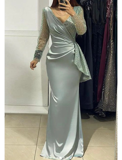 Mermaid Gown Sparkle Shine Formal Wedding Guest Floor Length Long Sleeve V Neck Fall Wedding Guest with Ruched Pearls Evening Dress