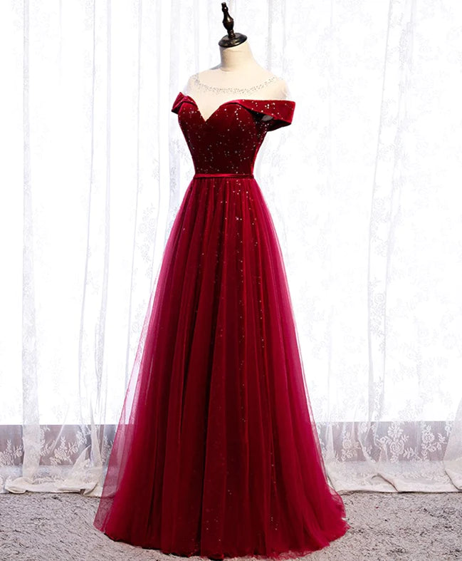 Wine Red Tulle with Velvet Long Party Dress, Wine Red Formal Dress Prom Dress