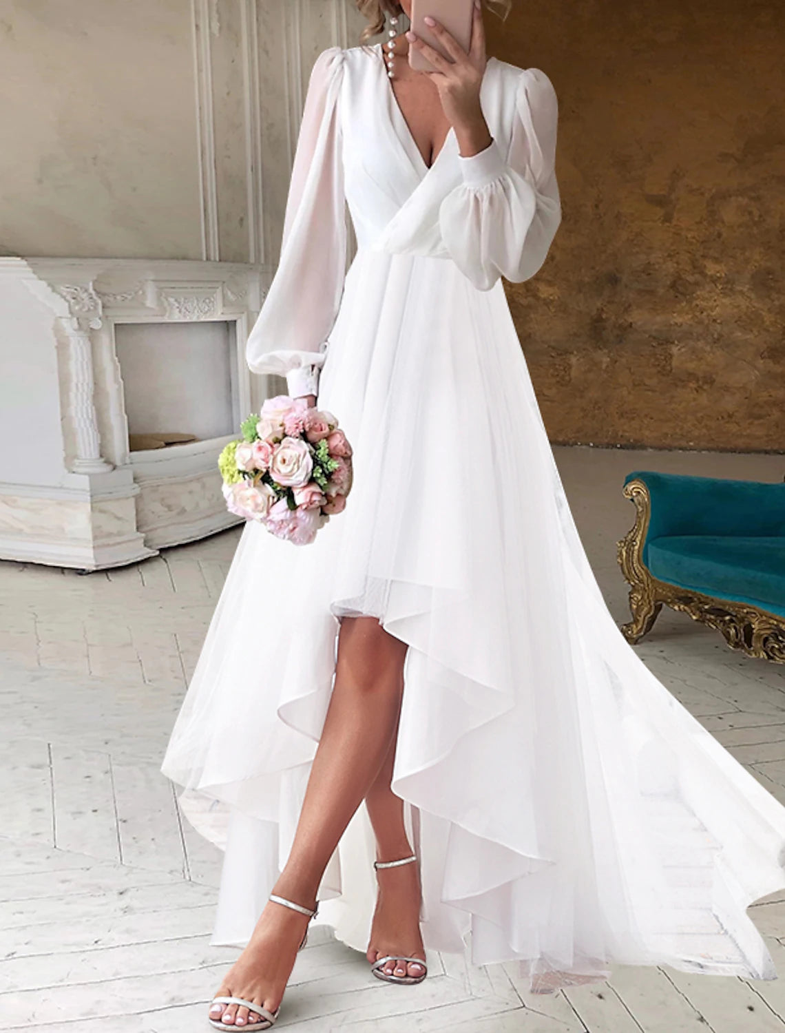 Wedding Dresses Little White Dresses Simple A-Line V Neck Long Sleeve Asymmetrical Chiffon Bridal Gowns Summer Wedding Party