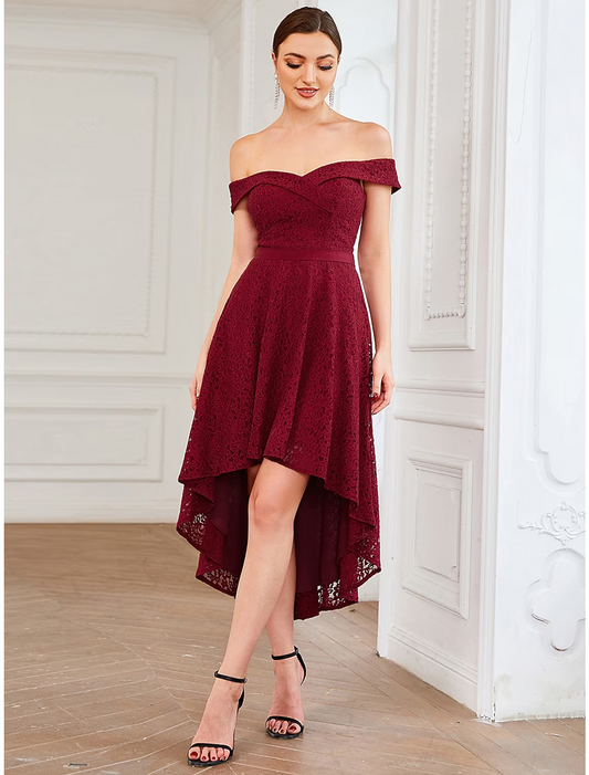 A-Line Homecoming Dresses Vintage Dress Homecoming Asymmetrical Sleeveless Off Shoulder Lace with Pleats Pure Color