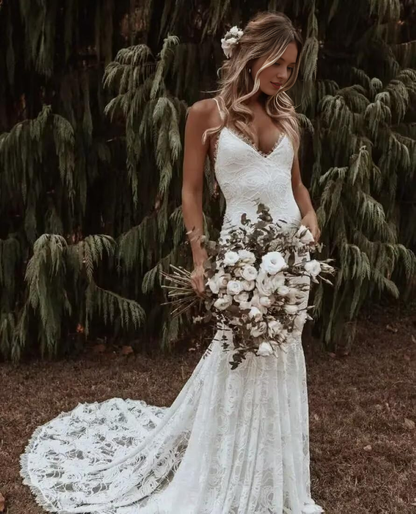 Wedding Dress Mermaid Boho Lace V-Neck Backless Beach Bridal Dress for Bride Formal Women's Dresses