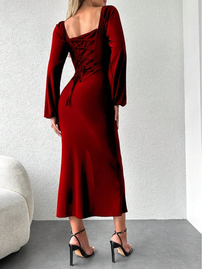 Christmas Dress December Wedding Guest Dress Square Neck Pleated Hem Side Slit Lantern Sleeve Split Fork Party Dress