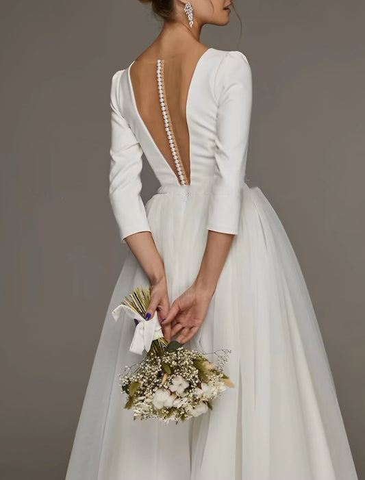 Simple Wedding Dresses A-Line Off Shoulder Cap Sleeve Tea Length Chiffon Bridal Gowns With Ruched Split Front Wedding Dresses