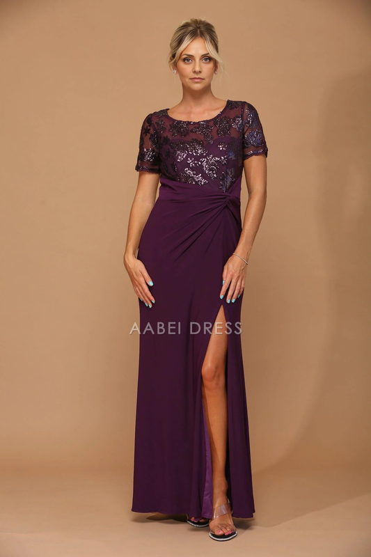 AABEI DRESS Formal Wear Dresse Modest Round Neck Short Sleeve Sexy High Slit Beautiful Mother Of The Bride Dress