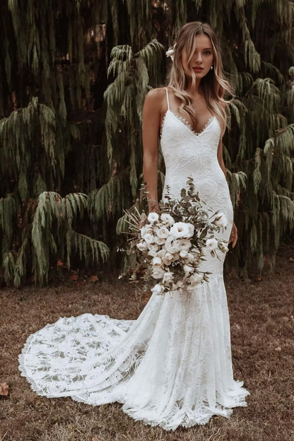 Wedding Dress Mermaid Boho Lace V-Neck Backless Beach Bridal Dress for Bride Formal Women's Dresses