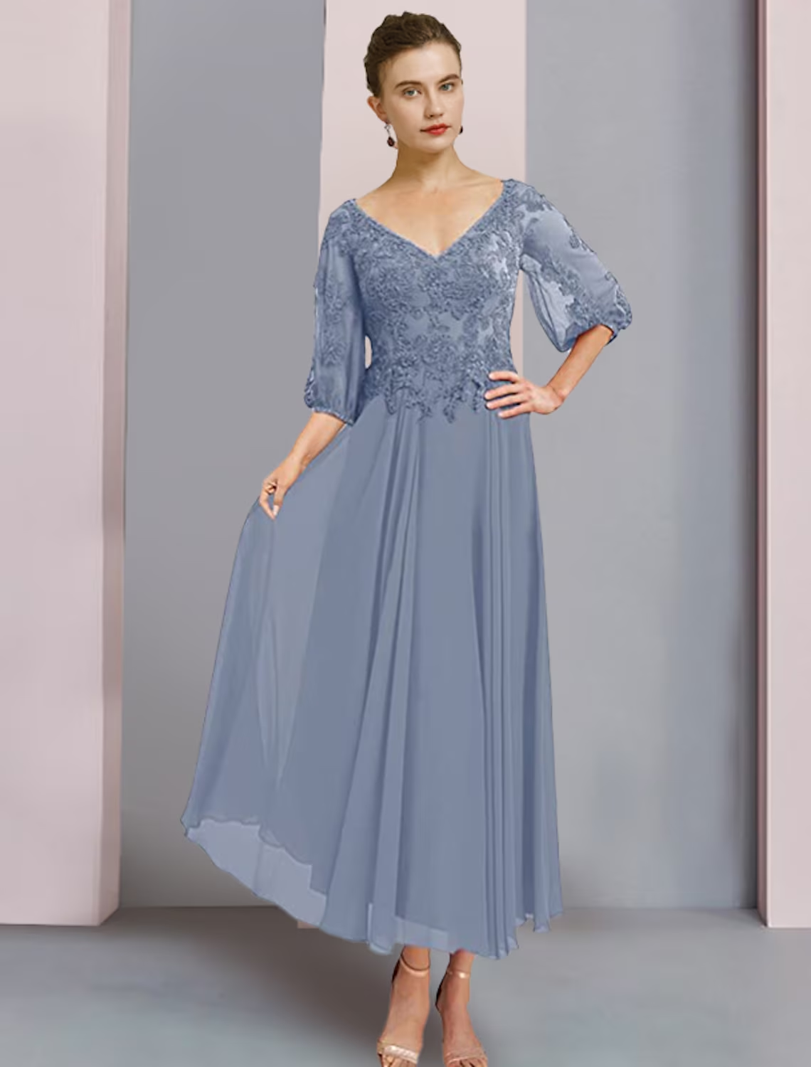 A-Line Mother of the Bride Dress Formal Wedding Guest Elegant V Neck Tea Length Chiffon Lace 3/4 Length Sleeve Wrap Included with Pleats Appliques