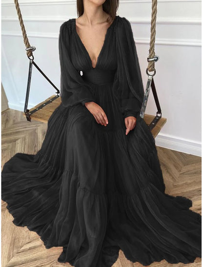 Wedding Guest Dress Formal Floor Length Long Sleeve V Neck Chiffon with Evening Dresses ﻿