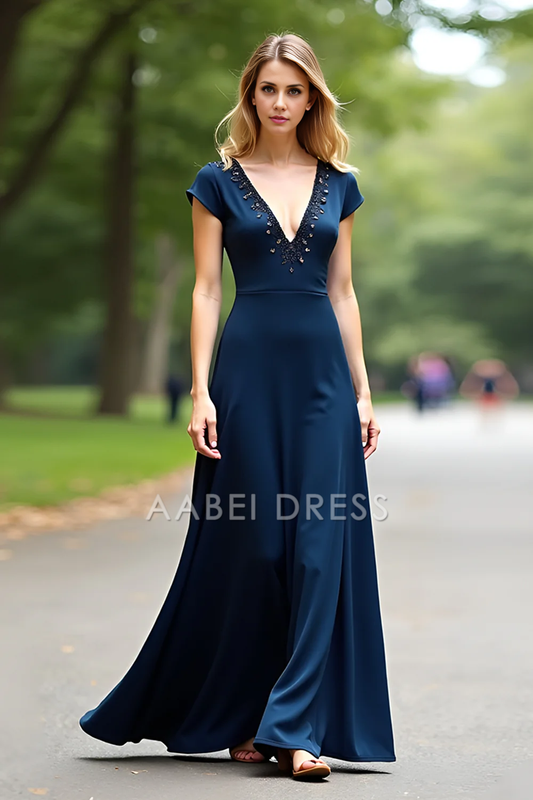 AABEI DRESS Mother Of The Bride Dress A Line V-Neck Cap Sleeves Beadwork Retro Long Formal Wear Dresse