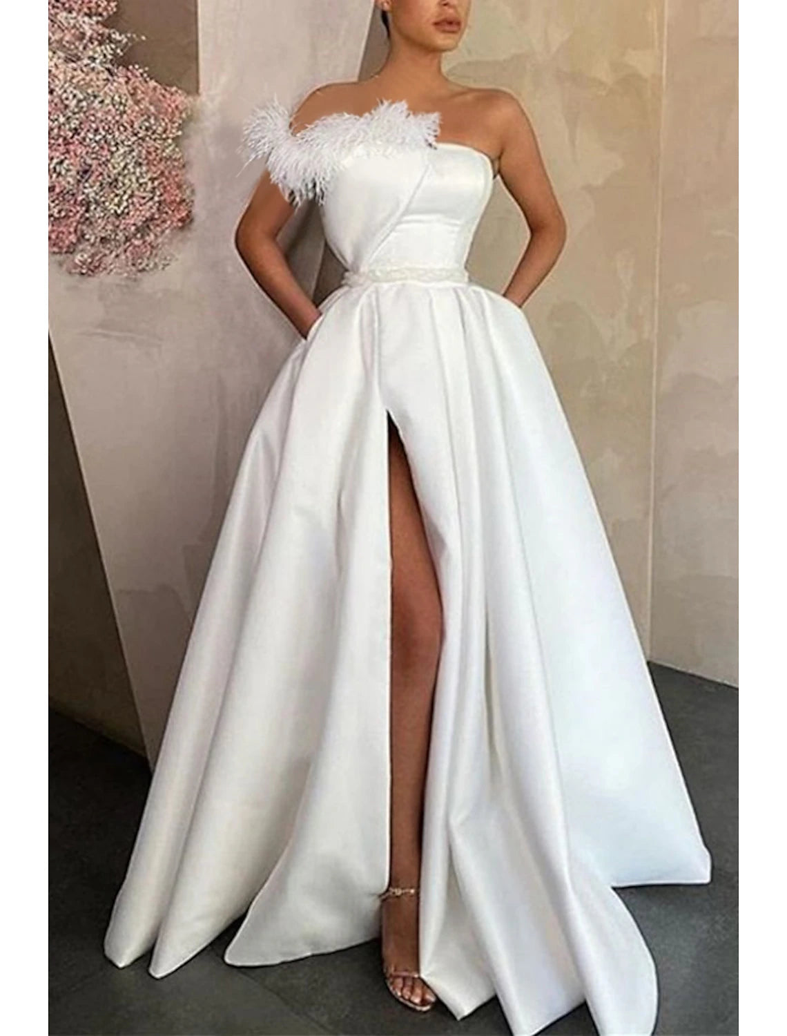 Wedding Guest Tie Gala Floor Length Sleeveless Strapless Satin with Feather Slit Evening Dress