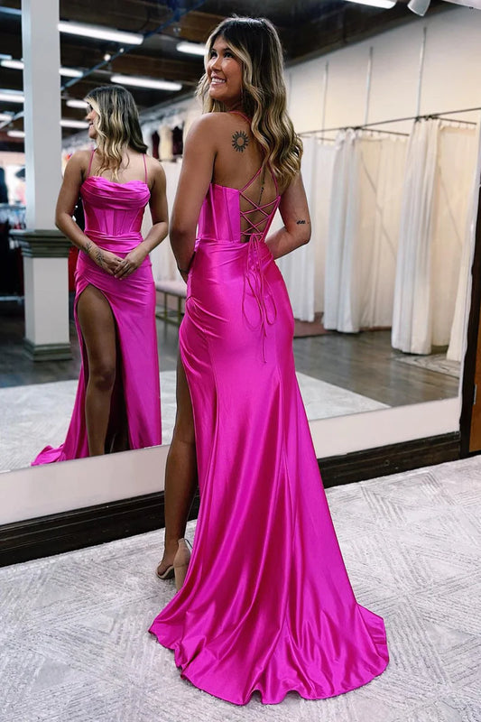 Prom Dress Spaghetti Straps Satin Mermaid with Slit