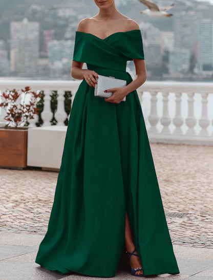 Evening Dress Wedding Guest Party Dress Celebrity Style Dress Formal Wedding Court Train Sleeveless Off Shoulder Bridesmaid Dress Satin with Ruched Dress