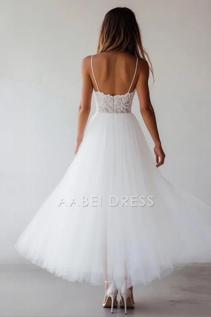AABEI DRESS Hot Sale Homecoming Dress Elegant A Line Spaghetti Strap Lace Tulle Tea Length Fantastic Graduation Dress