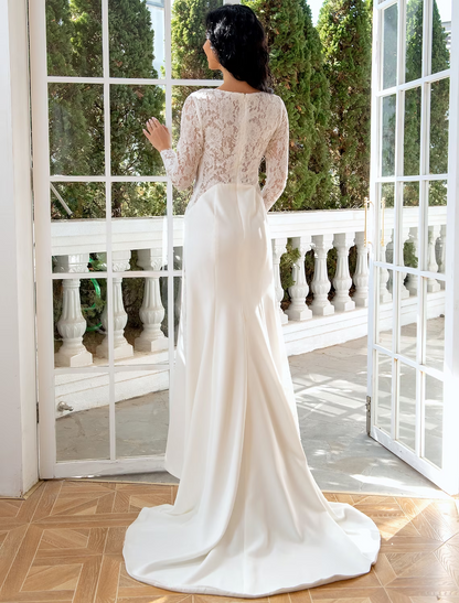 Hall Casual Wedding Dresses Sweep / Brush Train Mermaid / Trumpet Long Sleeve Scoop Neck Lace With Solid Color