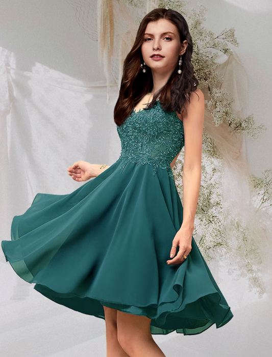 A-Line Cocktail Dresses Flirty Dress Homecoming Short / Mini Sleeveless V Neck Chiffon Backless with Beading Lace Insert