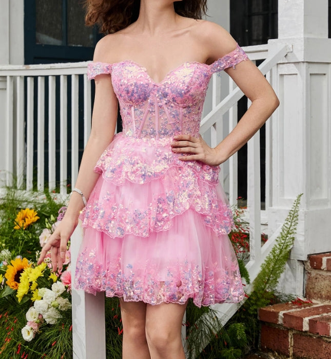 Homecoming Dresses Sweetheart Sequins Tiered Tulle A-Line Mini Dress