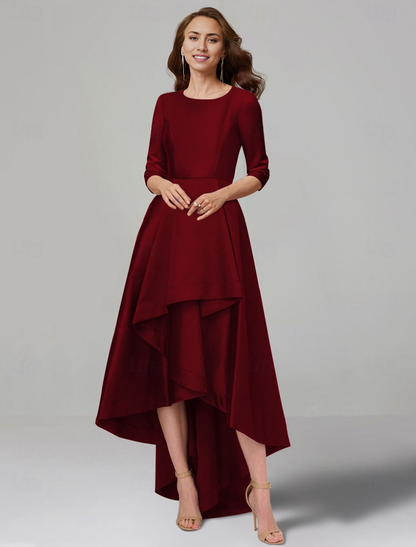 A-Line Dress Mother of the Bride Dress Elegant V Neck Tea Length Satin 3/4 Length Sleeve