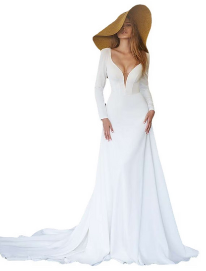 Hall Casual Wedding Dresses Chapel Train A-Line Long Sleeve V Neck Cotton Blend With Pleats Solid Color