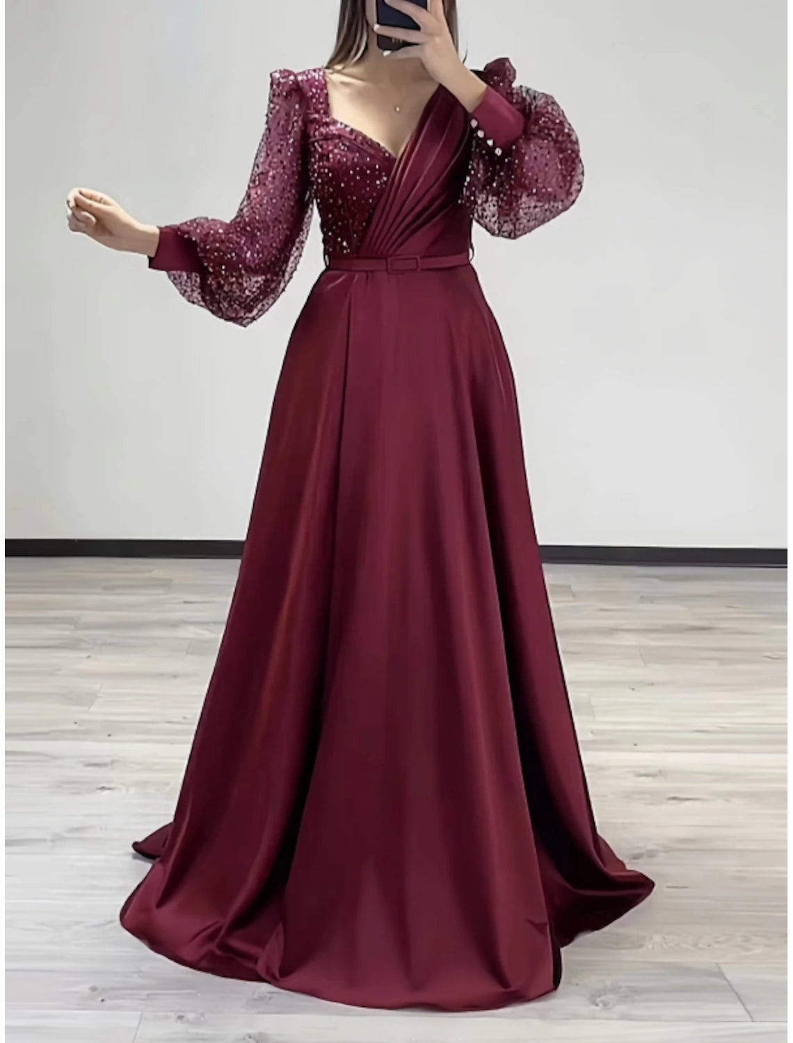 Formal Fall Brush Train Long Sleeve V Neck Satin with Glitter Pleats Evening Gown Elegant Dress