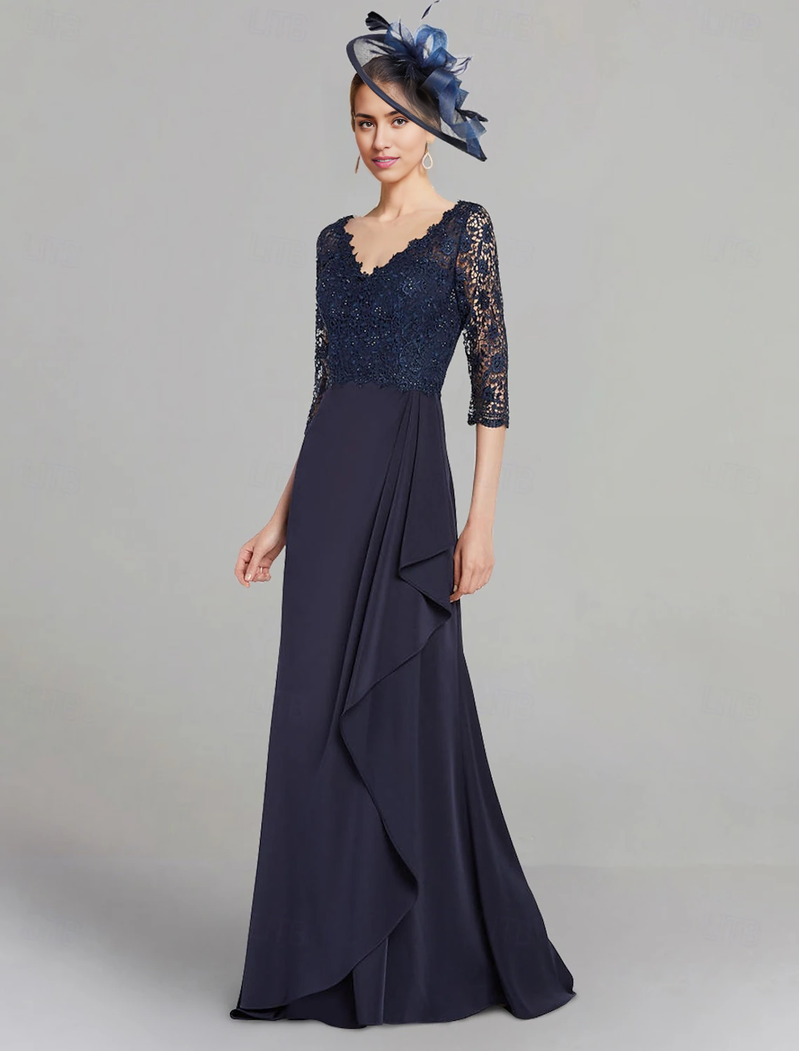 Mother of the Bride Dress Elegant V Neck Floor Length Stretch Chiffon Sleeve with Lace Pleats