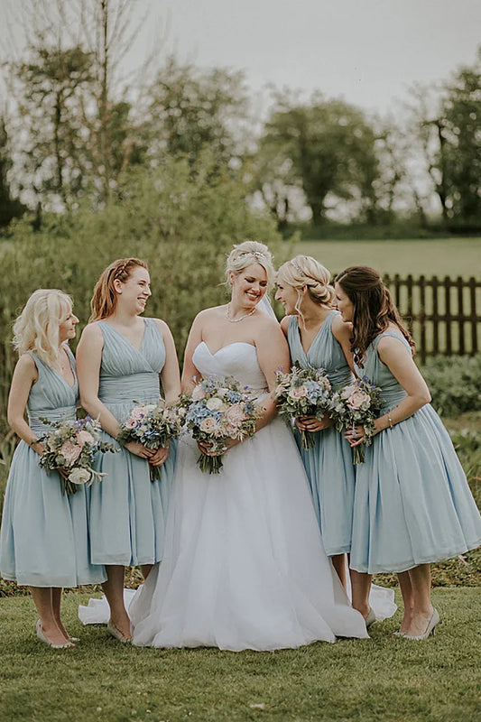 Dusty Blue A-Line Mid-Calf Ruched Chiffon Bridesmaid Dress