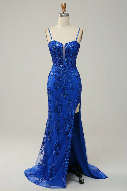 AABEI DRESS Hot Sale Prom Dress Exquisite Sheath Spaghetti Straps Side Fork Appliques Sparkle Long Party Dress