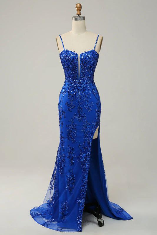 AABEI DRESS Hot Sale Prom Dress Exquisite Sheath Spaghetti Straps Side Fork Appliques Sparkle Long Party Dress