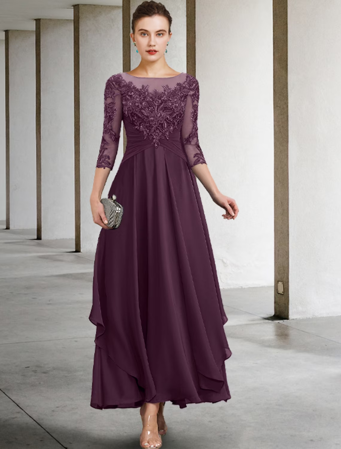 A-Line Mother of the Bride Dress Wedding Guest Plus Size Elegant Jewel Neck Ankle Length Chiffon Lace 3/4 Length Sleeve with Ruched Sequin Appliques