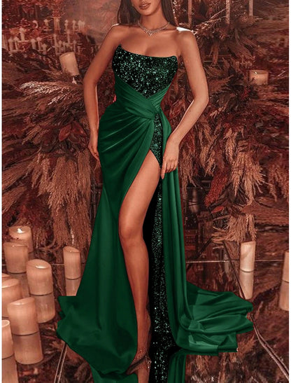 Celebrity Style Formal Court Train Sleeveless Strapless Sequined with Ruched Sequin Slit Evening Dress