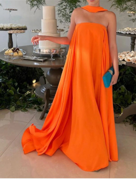 Wedding Guest Dress Fairy Dress Formal Tie Floor Length Sleeveless Strapless Stretch Chiffon with Pleats Shawl Evening Dresses