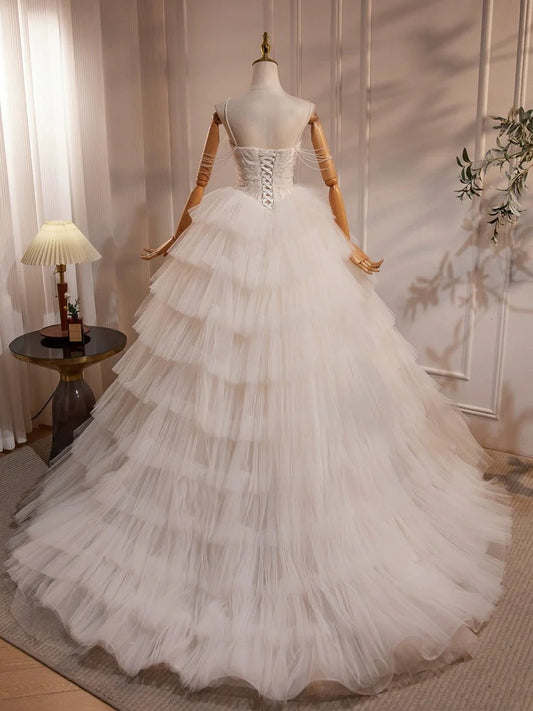 A-Line Sweetheart Neck Spaghetti Strap Tulle Lace Long with Beads Fantastic Wedding Dress