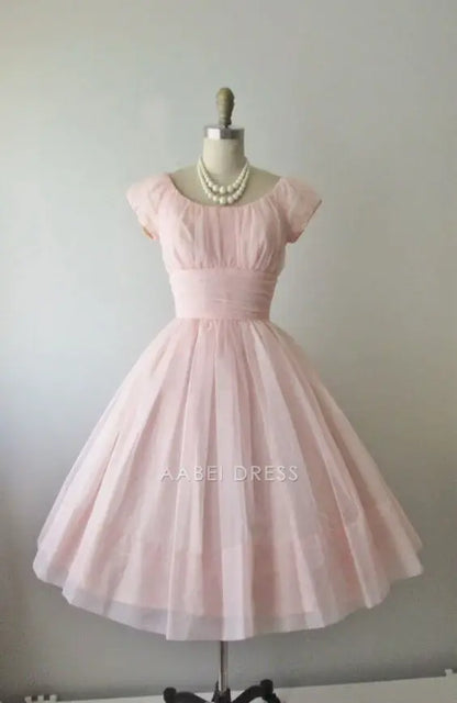 AABEI DRESS Short Party Dress Elegant Short Sleeves Round Neck Pleated Homecoming Dress