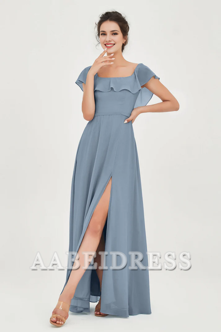 AABEI DRESS Bridesmaid Dresses Chiffon A-Line Square Neckline Flutter Sleeves Ruffle Side Fork Elegant Simple Wedding Guests Dresse