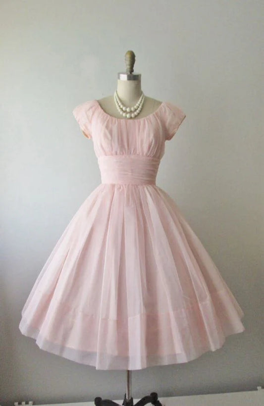 AABEI DRESS Short Party Dress Elegant Short Sleeves Round Neck Pleated Homecoming Dress