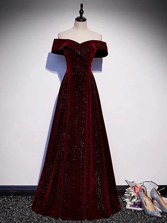 Autumn Winter A-Line Velvet Dress  Off Shoulder Long Evening Dress Elegant Formal Shining Dress