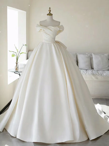 Simple Atmosphere Off Shoulder Wrinkle Satin Long Wedding Dress