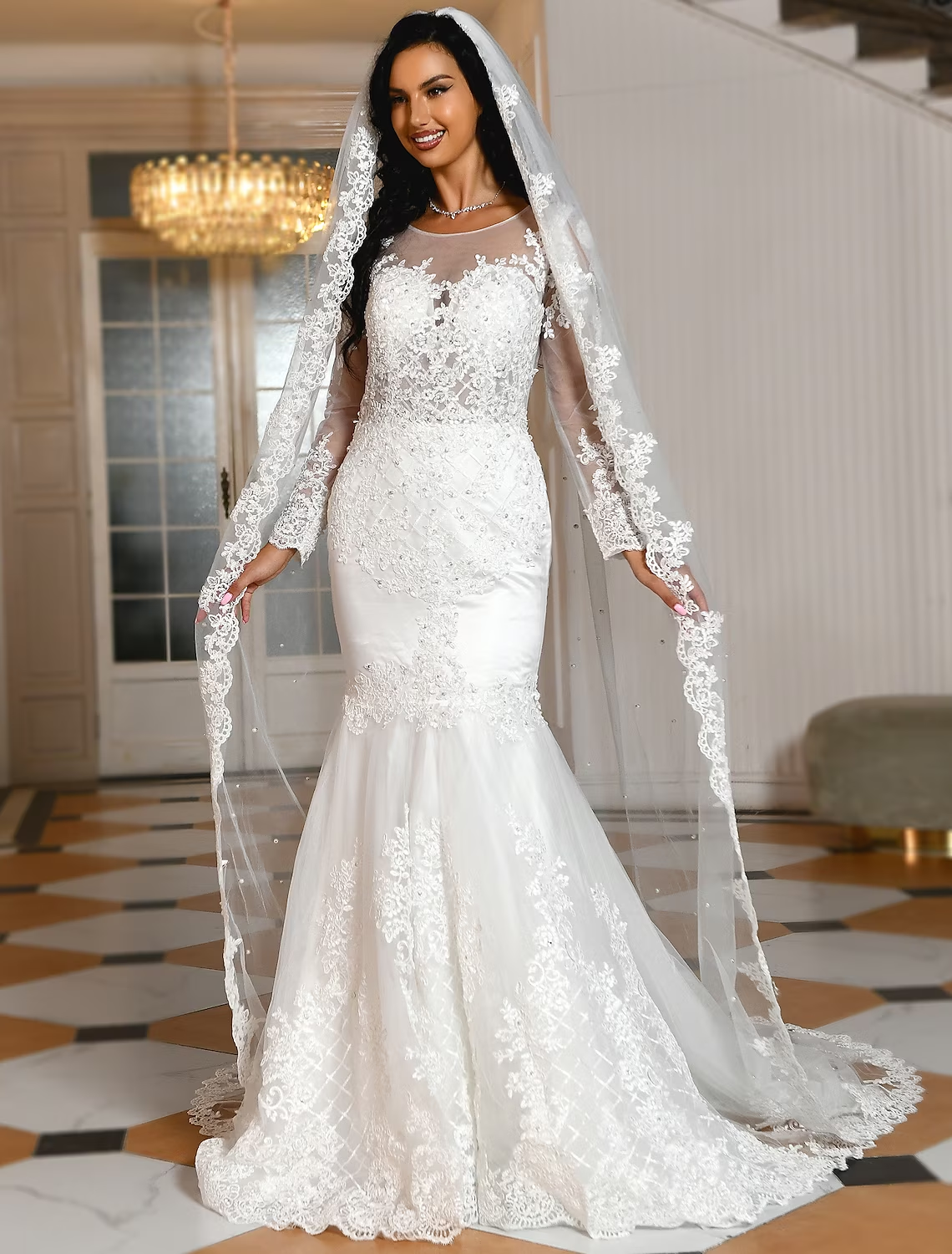 Royal Style Formal Wedding Dresses Sweep / Brush Train Mermaid / Trumpet Long Sleeve Scoop Neck Lace With Beading Appliques